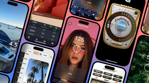 a montage of iPhones displaying a variety of light meter apps