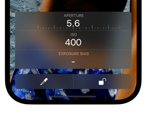 A light meter app has its input dials adjusted