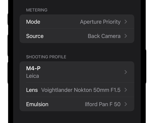 Light Meter Ultra's profile selector